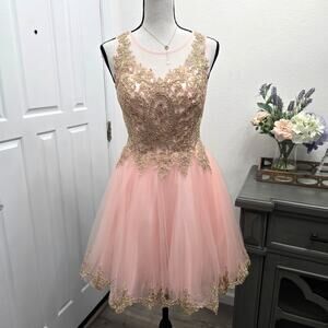 Women's Pink Prom Dress S Gold Lace Embellished Elegant Formal Wedding Fairycore